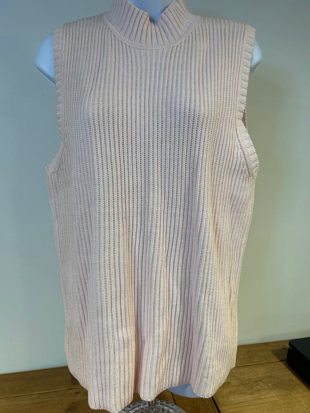 LL Bean Lg NWT Womens Chunky Ribbed Knit Cotton Sweater Mock Neck Vest Pink